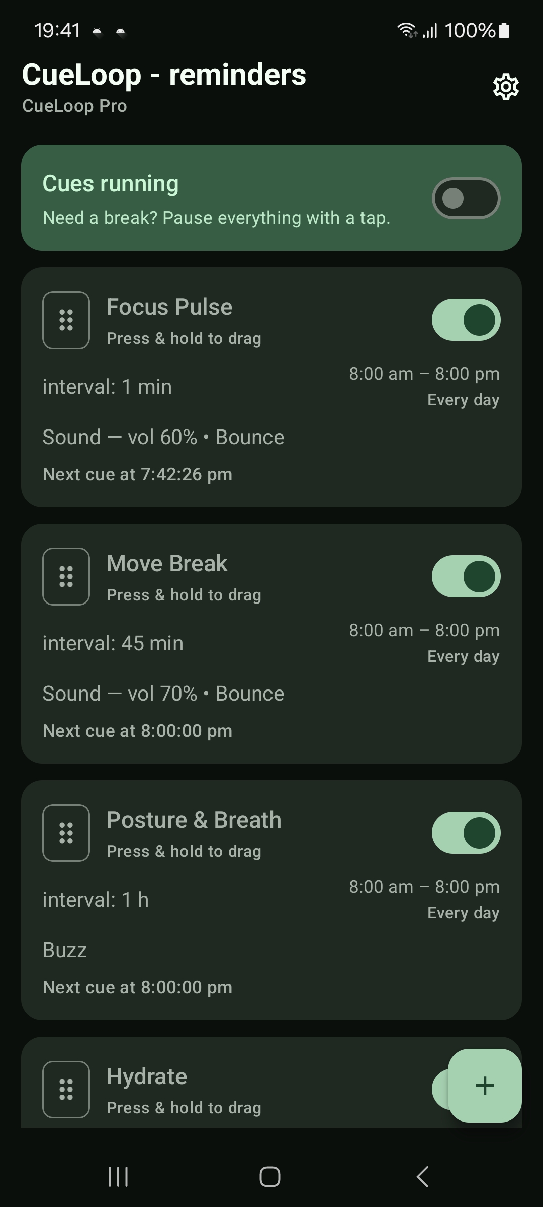CueLoop home screen with a running cue loop