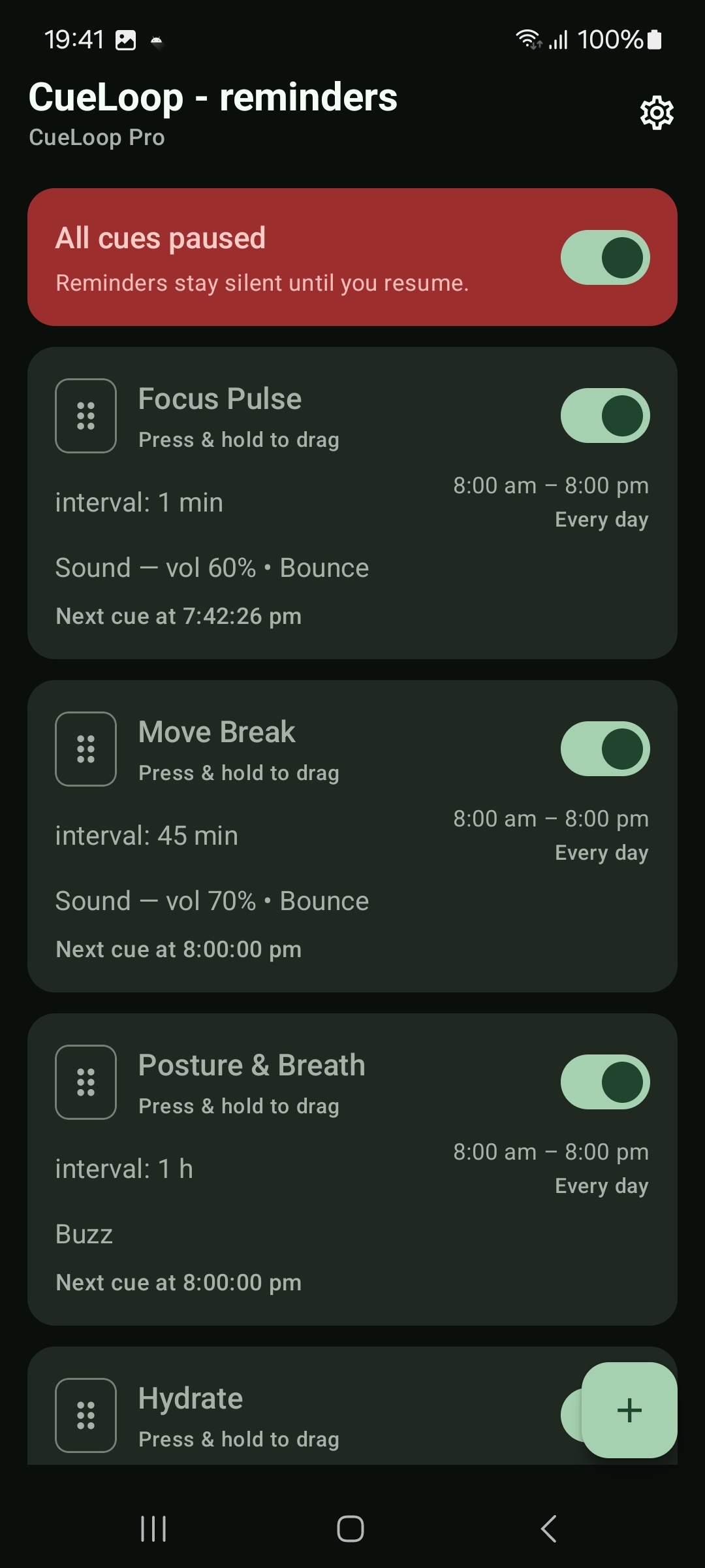 CueLoop home screen showing a paused cue loop