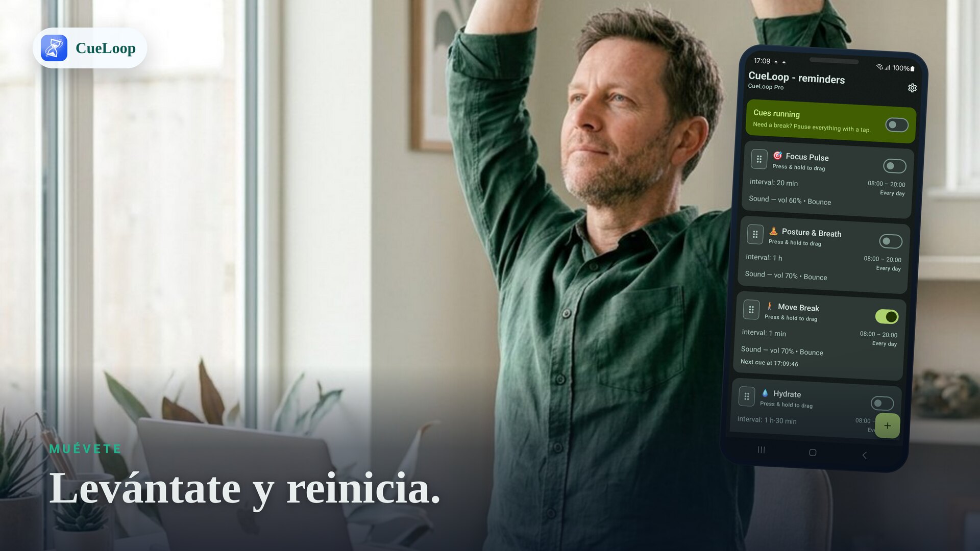 Levantarse para una micropausa rápida de estiramiento