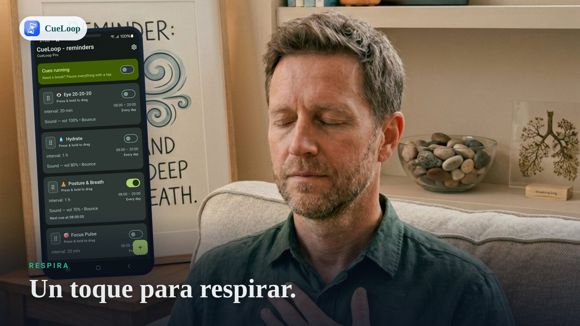 Un aviso tranquilo de respiración durante un día ocupado