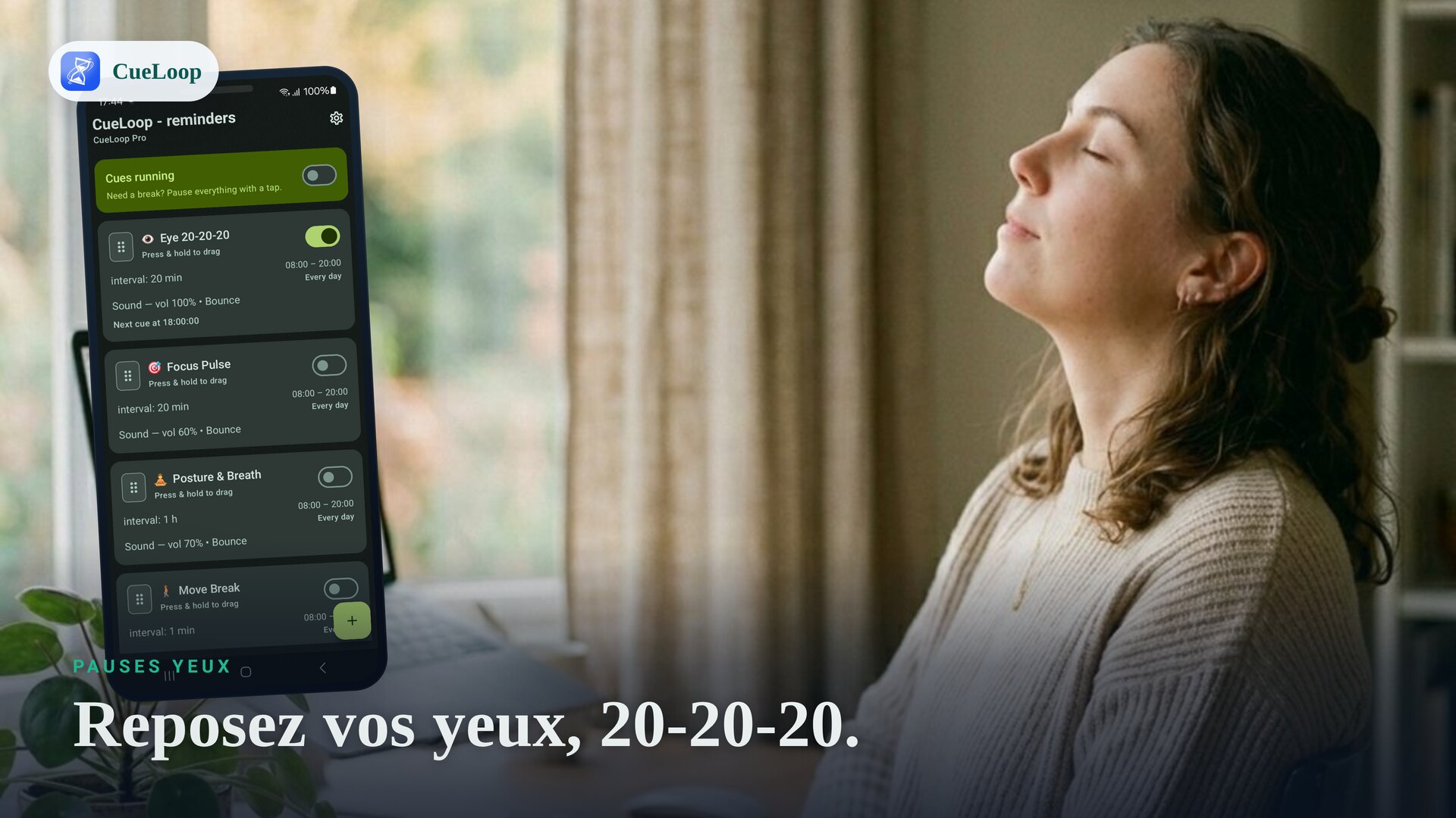 Regarder au loin pour une pause visuelle 20-20-20