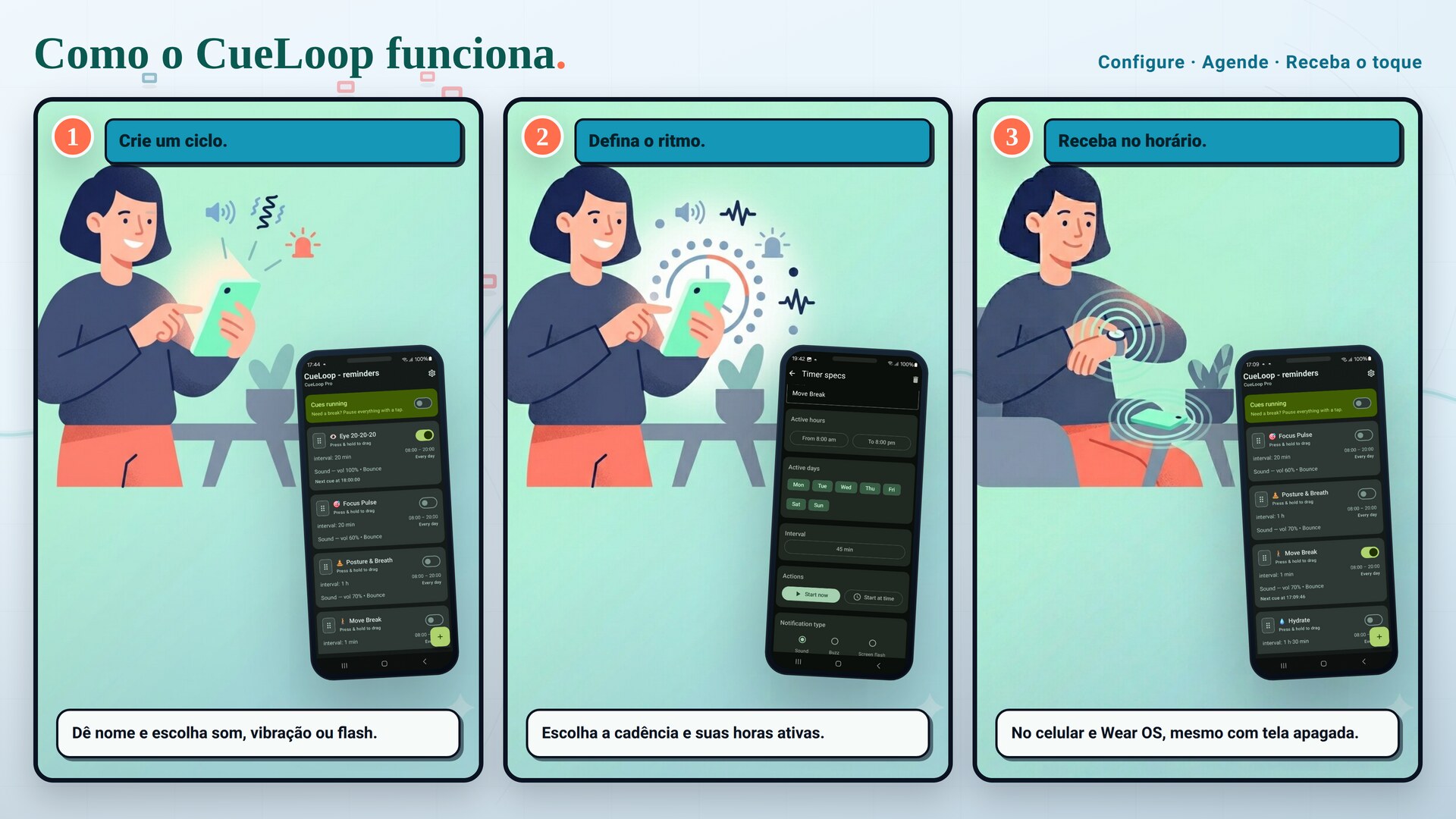 Configure, agende e receba o toque: como o CueLoop funciona em três passos
