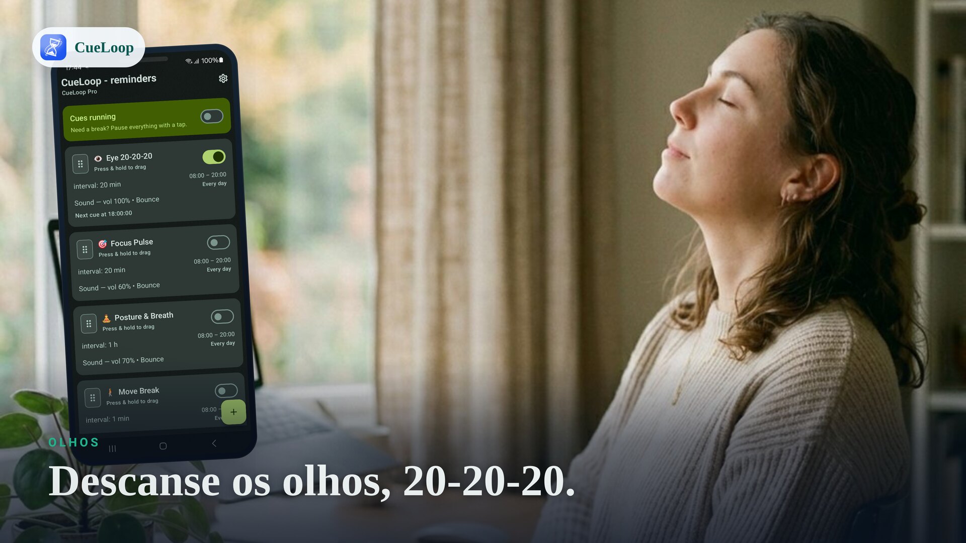 Olhar para longe da tela em uma pausa visual 20-20-20