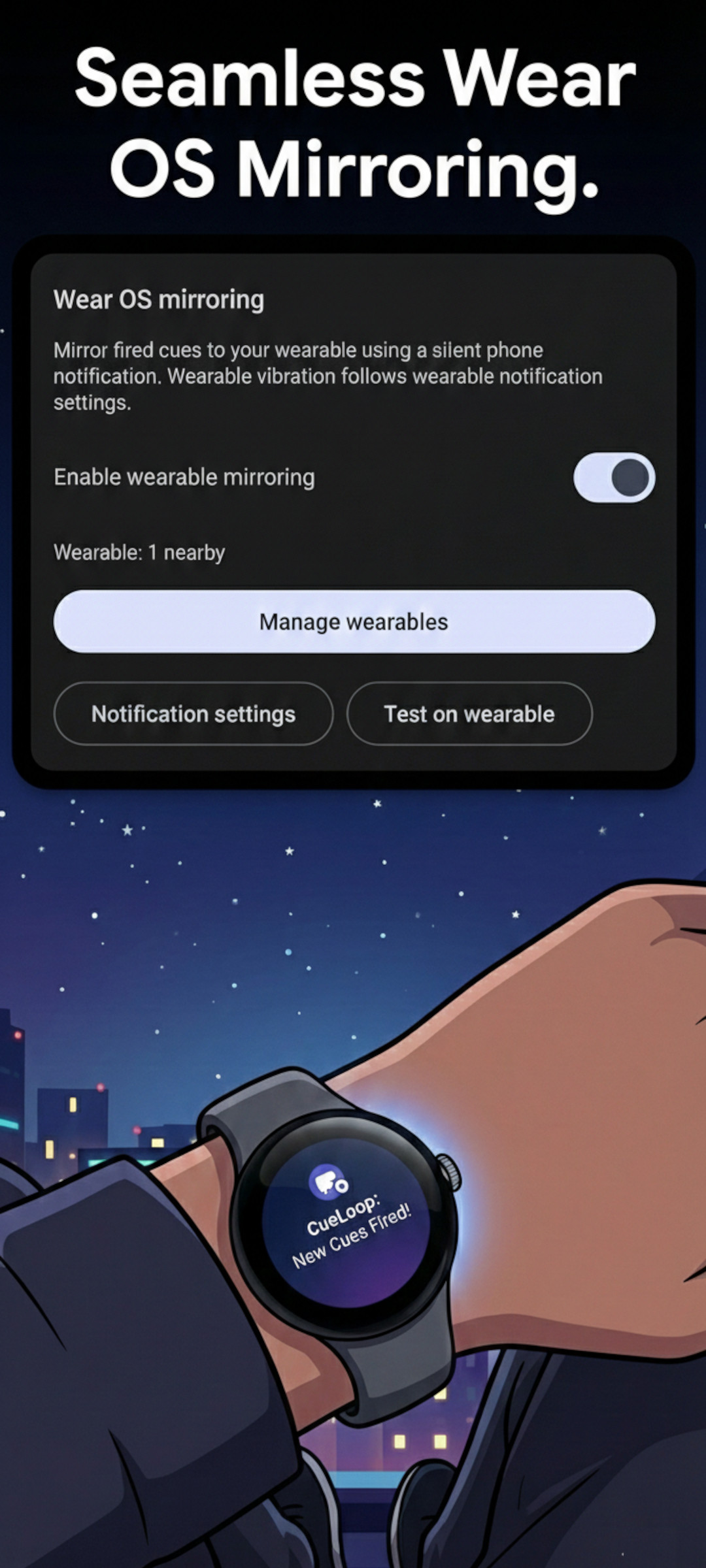 CueLoop mirrored reminder on a smartwatch