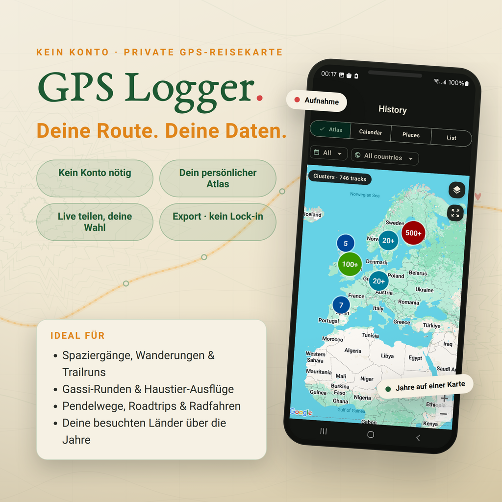 GPS Logger lebenslanger Atlas mit Route, Pins und Aufzeichnungs-Badge