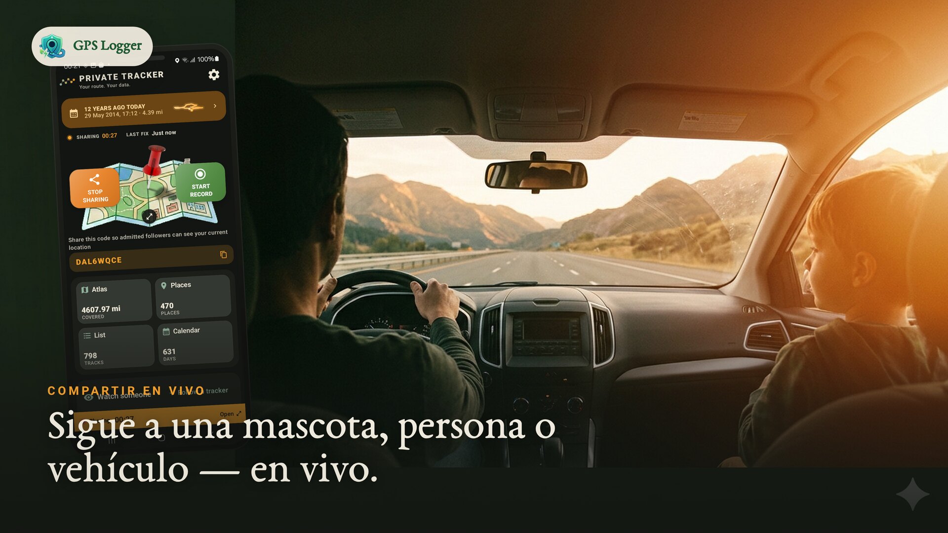 Un viaje familiar por carretera con ubicación compartida en vivo — sigue a una mascota, persona o vehículo