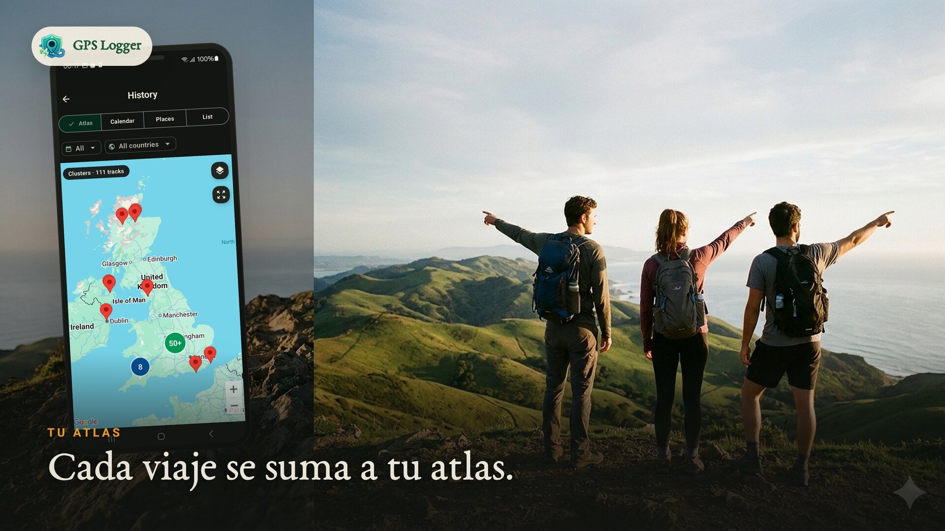 Amigos en un mirador de montaña — cada viaje se une a tu atlas