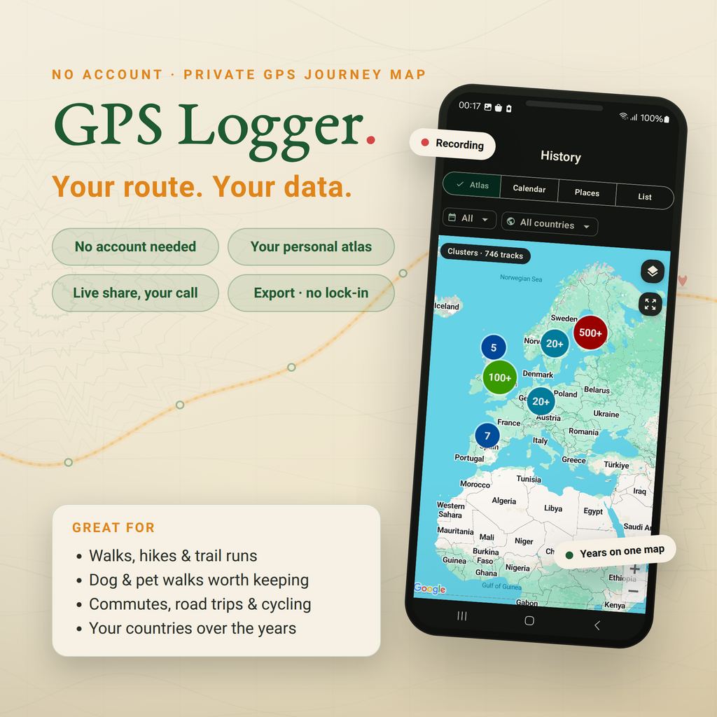 GPS Logger lifetime journey map with route, pins and recording badge