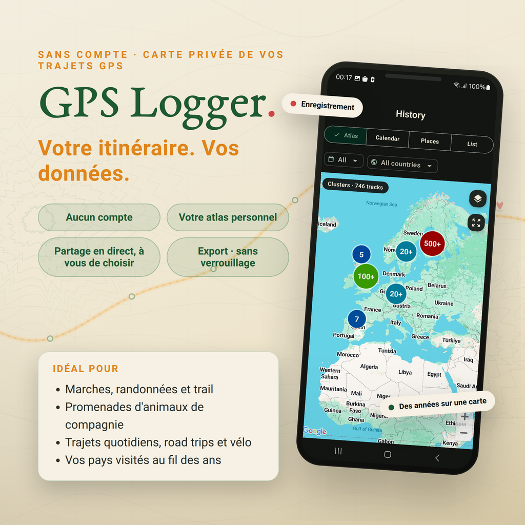 Carte de voyage GPS Logger avec parcours, épingles et badge d'enregistrement