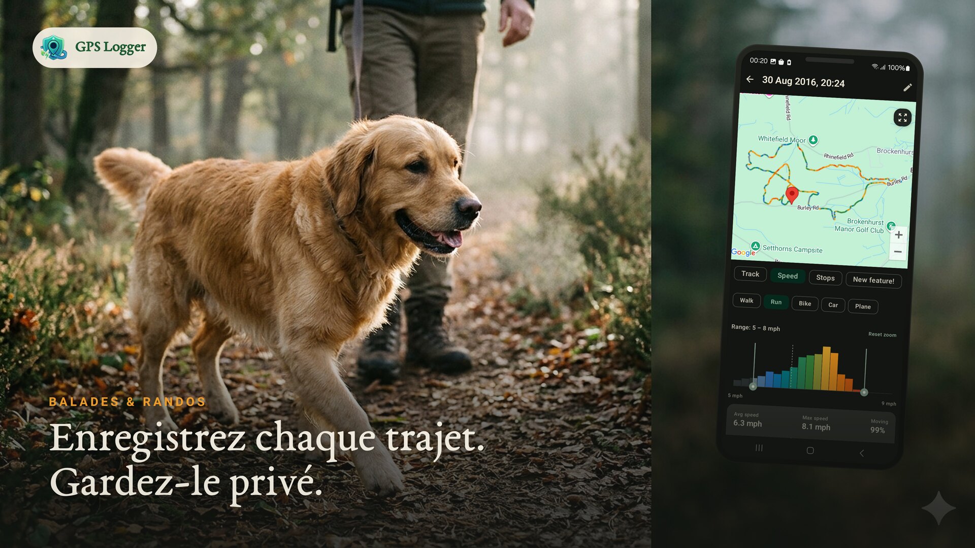 Enregistrement d'une promenade de chien en forêt — enregistrez chaque sentier, restez privé