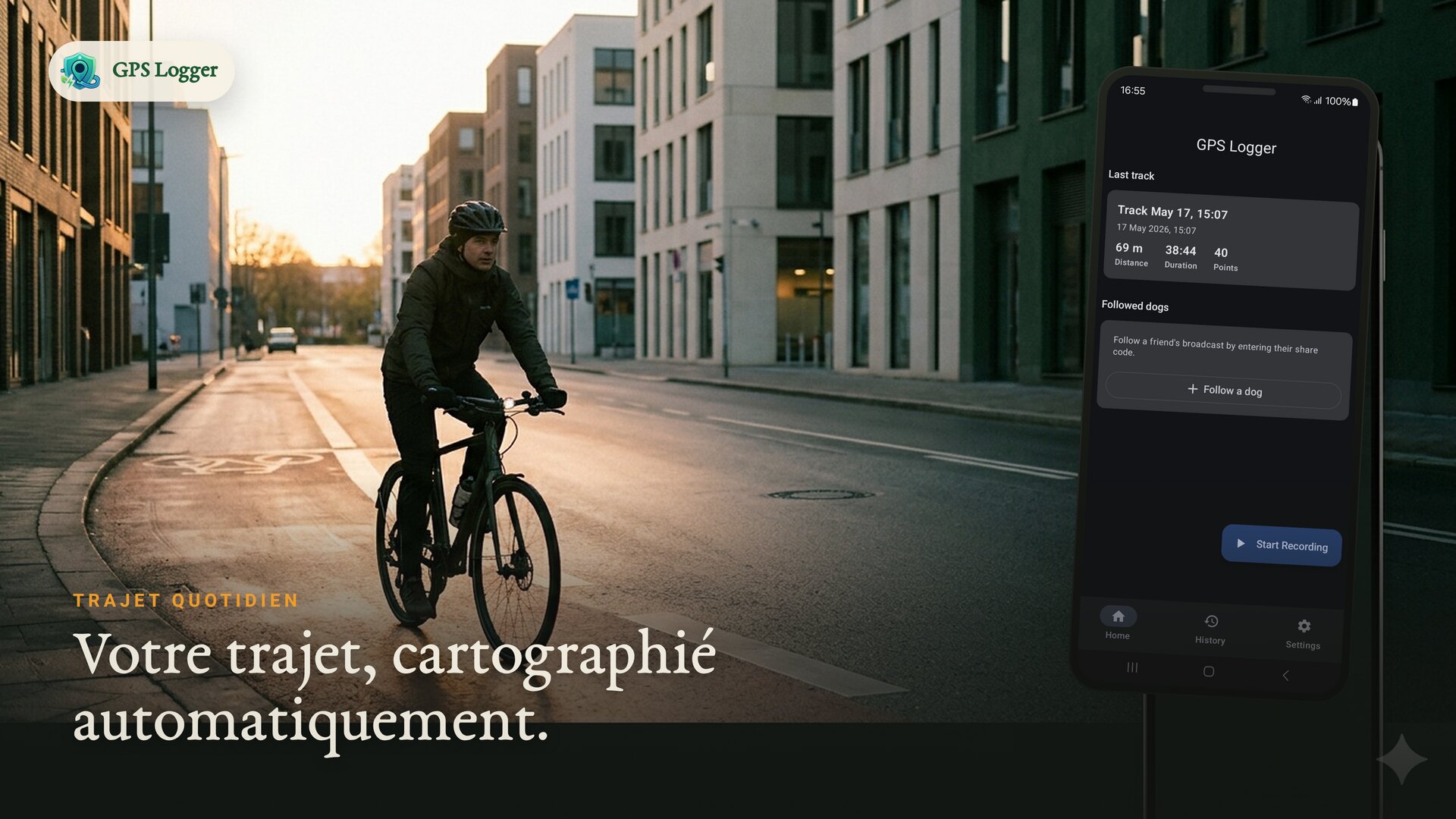 Un trajet à vélo en ville à l'aube — votre trajet, cartographié automatiquement