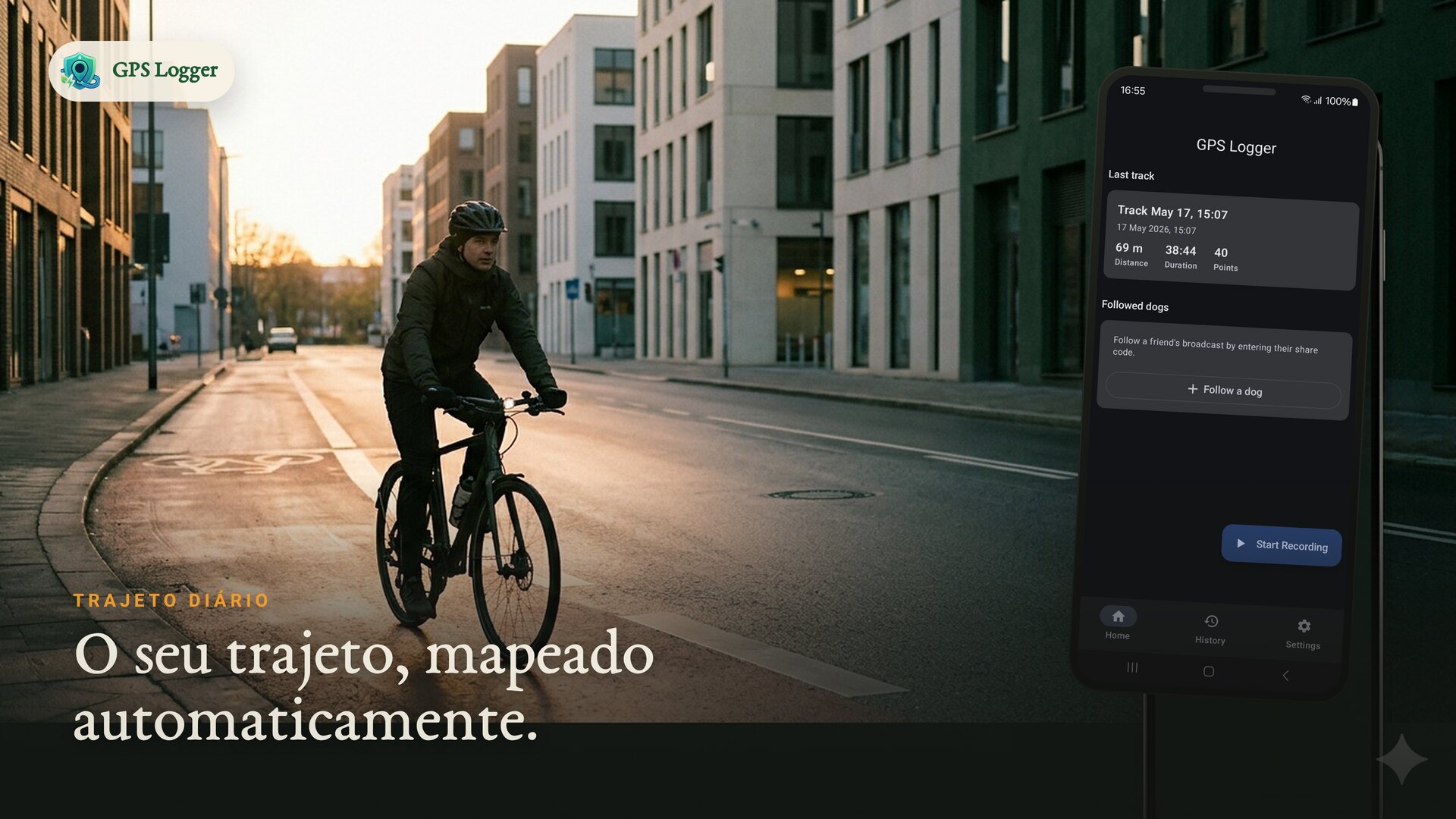 Uma deslocação diária de bicicleta na cidade ao amanhecer — o seu trajeto, mapeado automaticamente