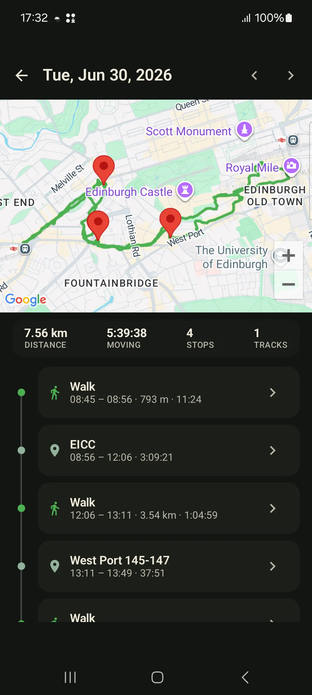GPS Logger daily route timeline showing walks, stops, distance and moving time