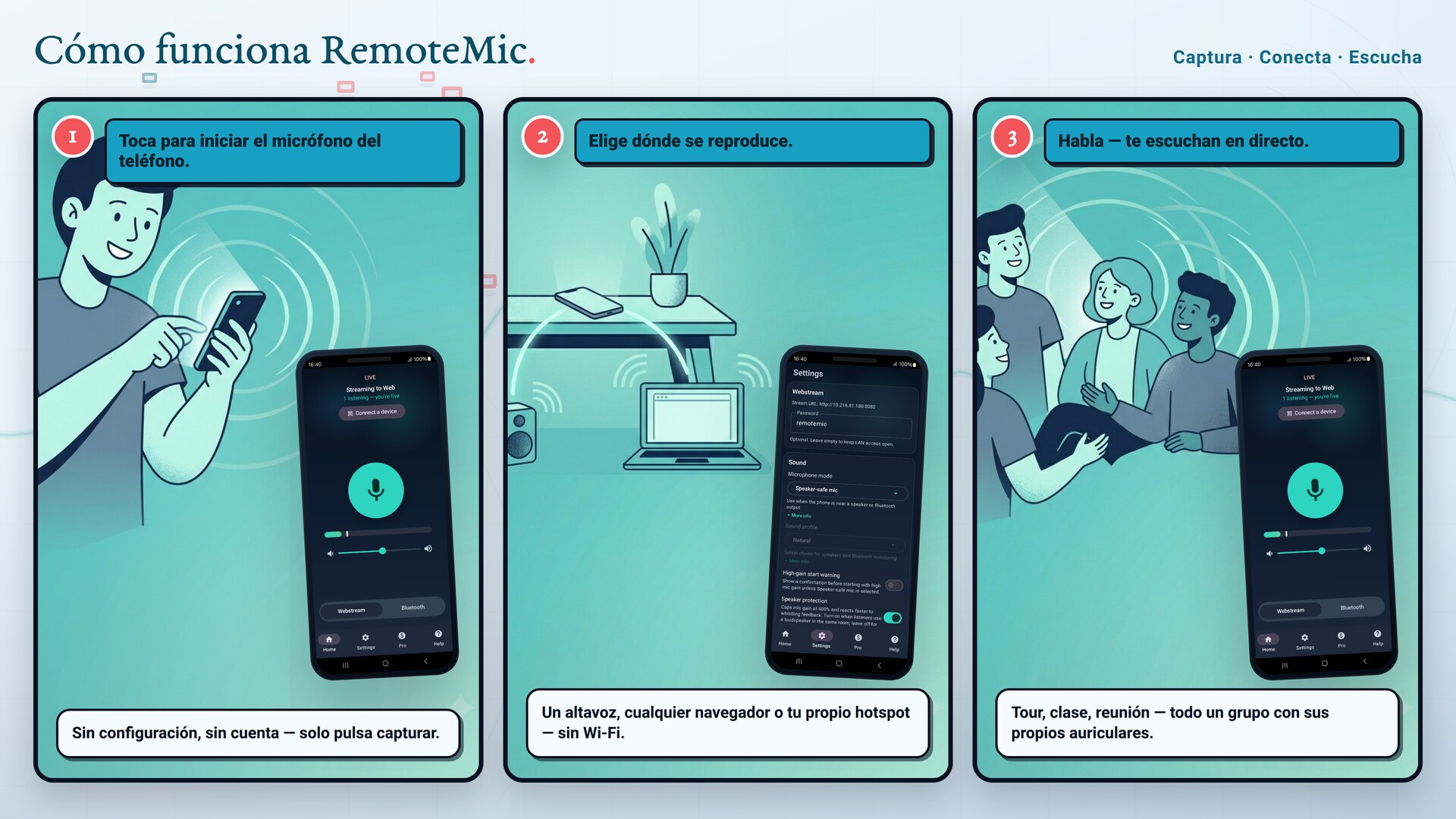 Captura, conecta, escucha — cómo funciona RemoteMic en tres pasos