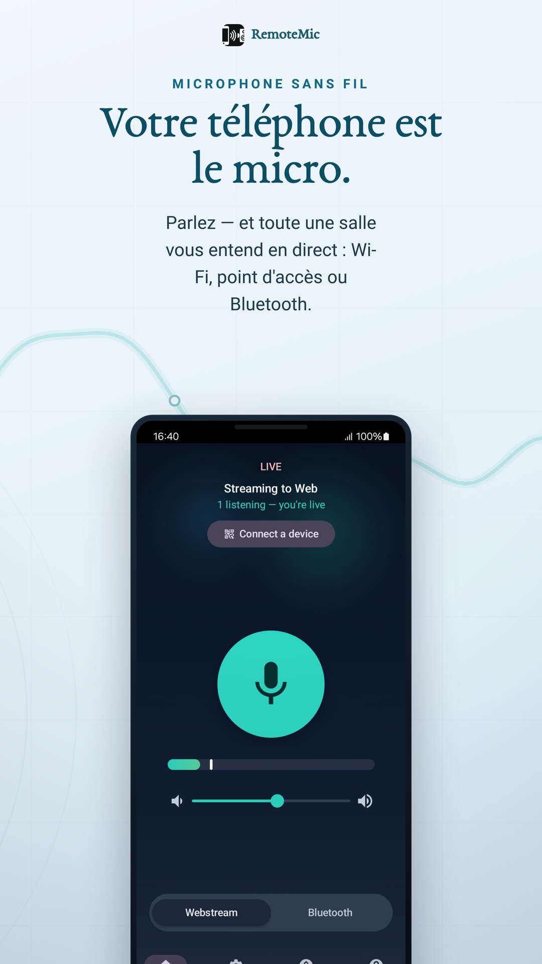 RemoteMic diffuse en direct avec un auditeur connecté