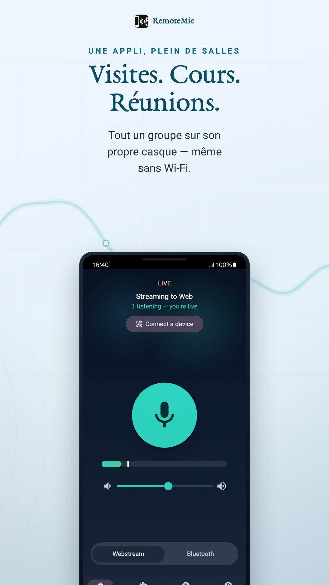 Guide touristique, salle de classe, aide auditive et réunion comme cas d'usage