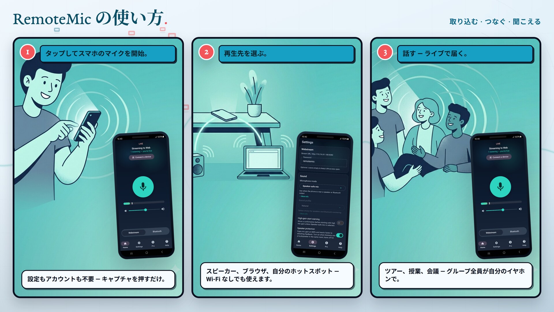 取り込む、つなぐ、聞こえる — RemoteMic の3ステップ