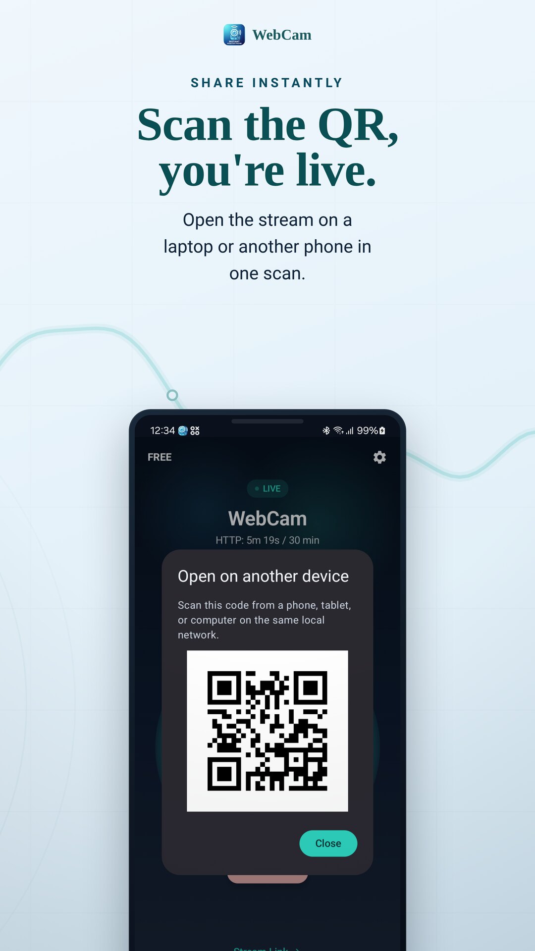 Ein QR code zum Öffnen des Streams auf einem anderen Gerät