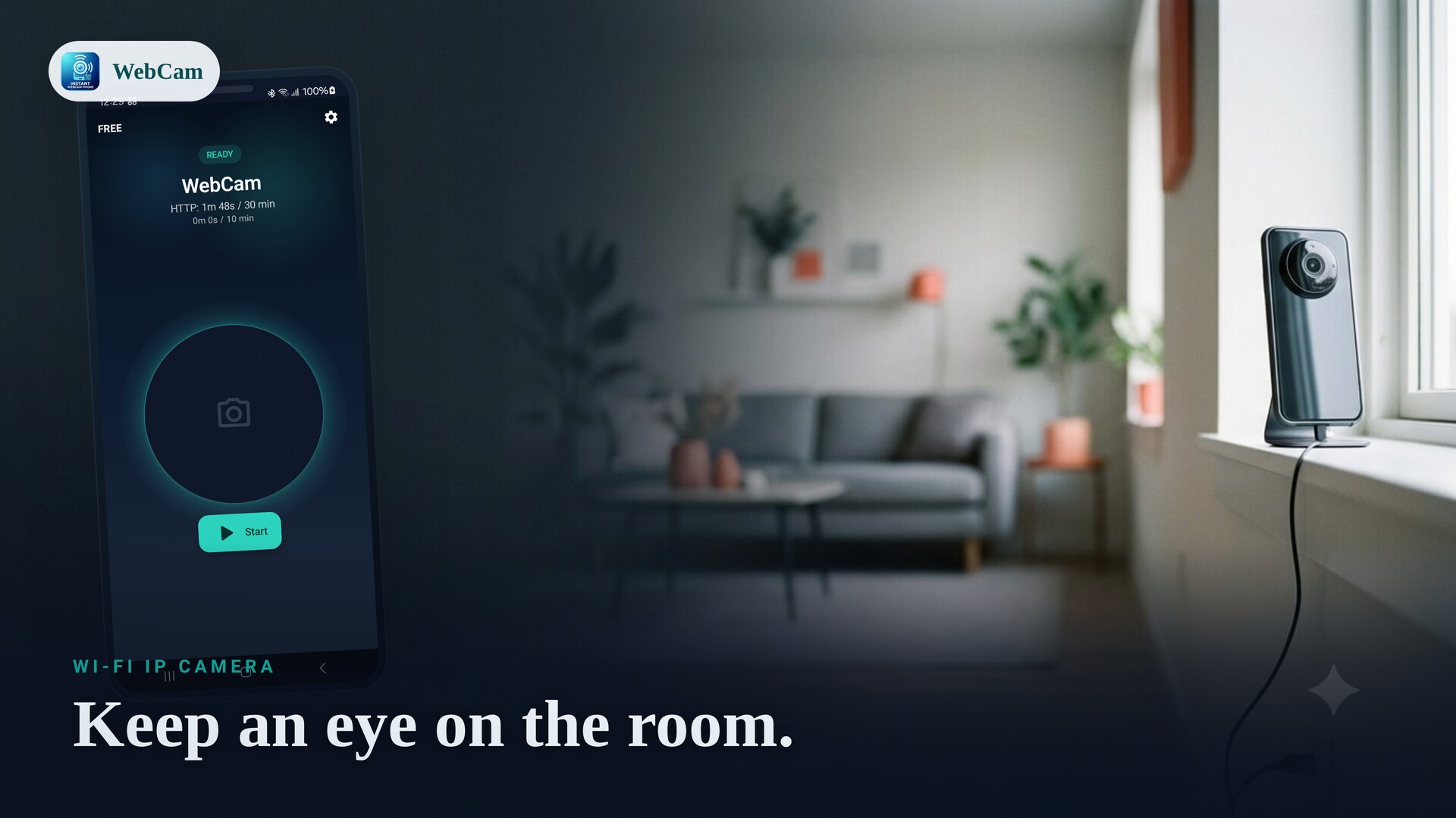 A phone acting as a Wi-Fi IP camera watching a room