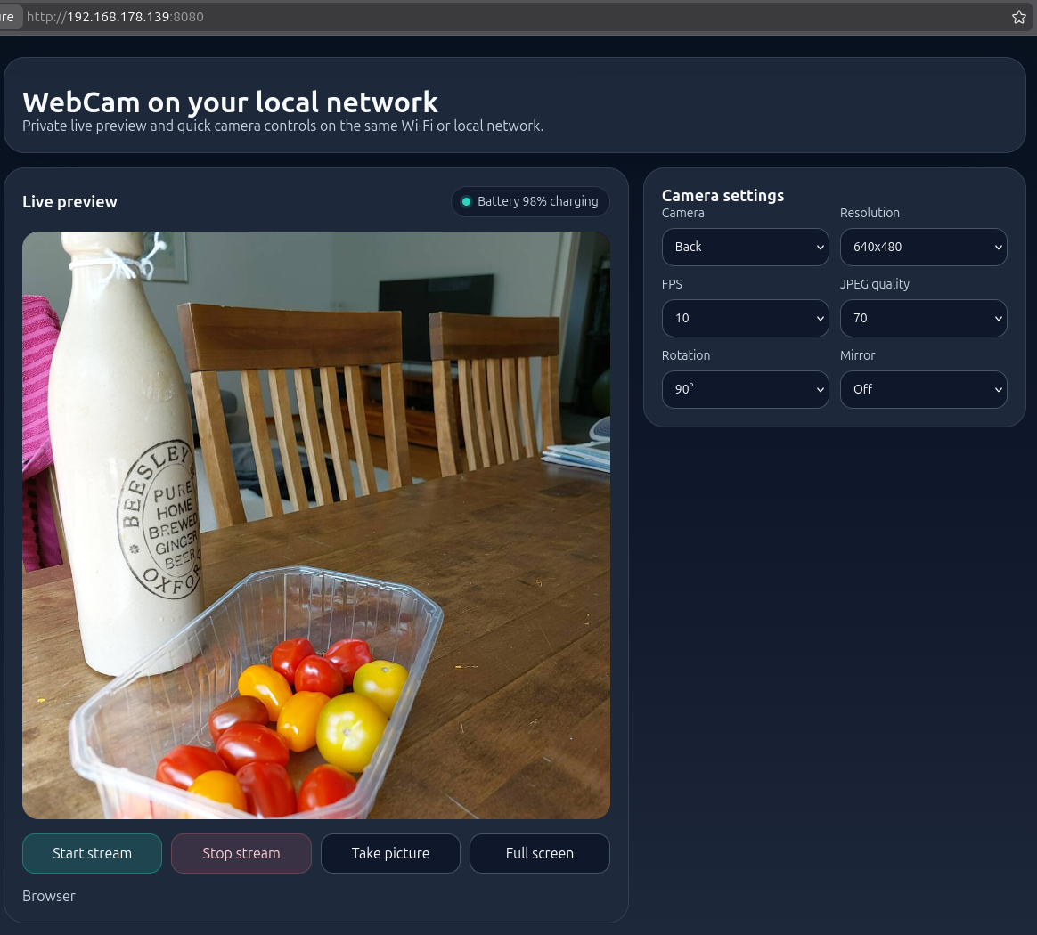 WebCam live stream open in a desktop browser, showing the control page with live preview