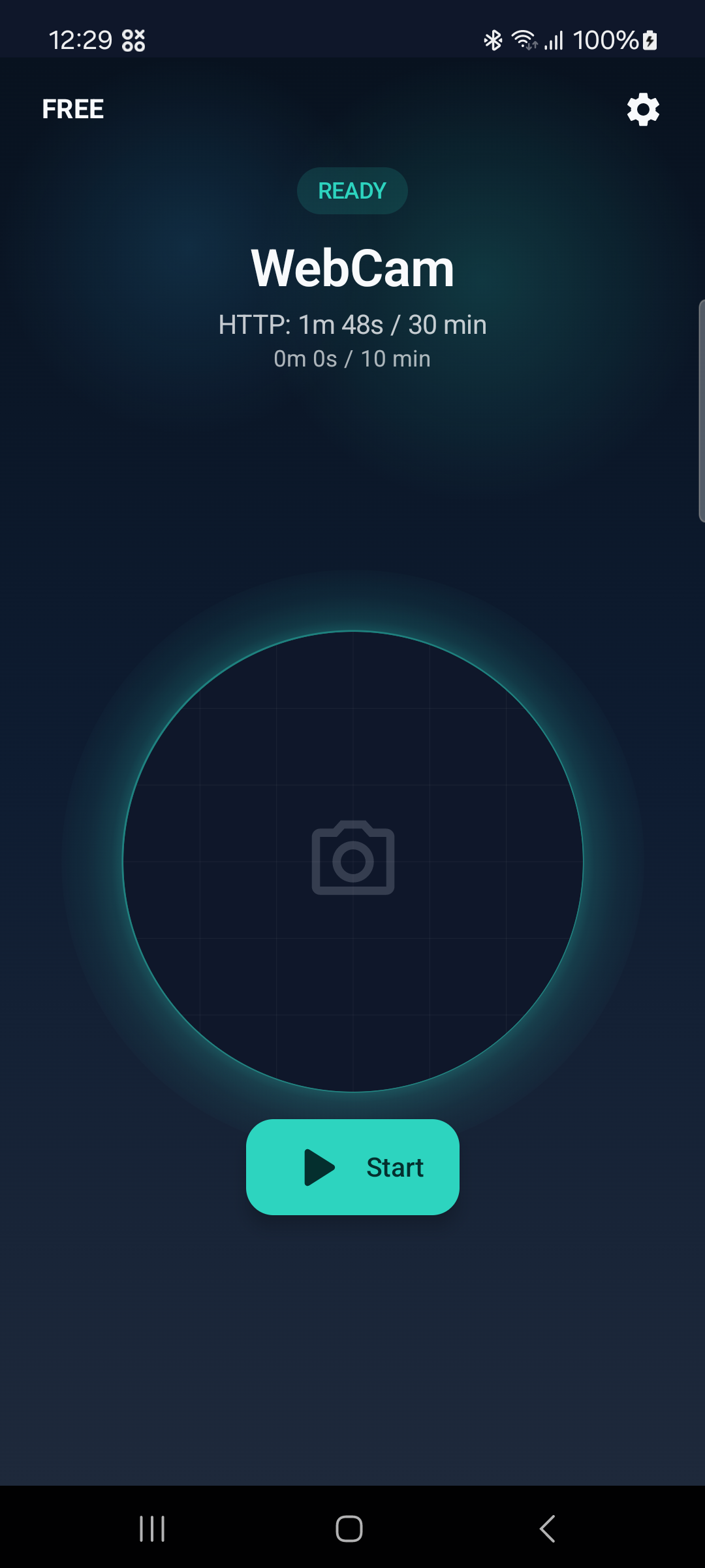 WebCam home screen ready to start streaming