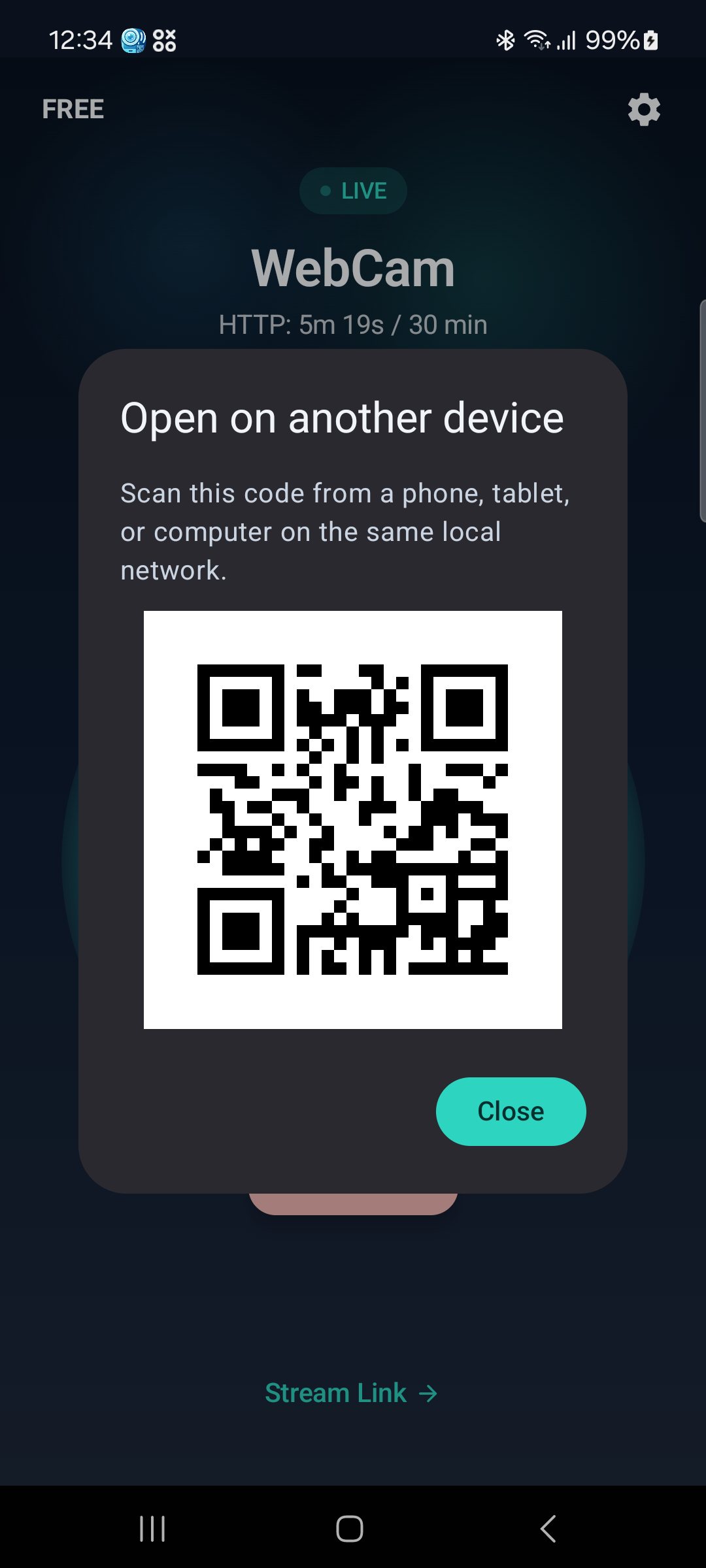 WebCam QR code sharing dialog
