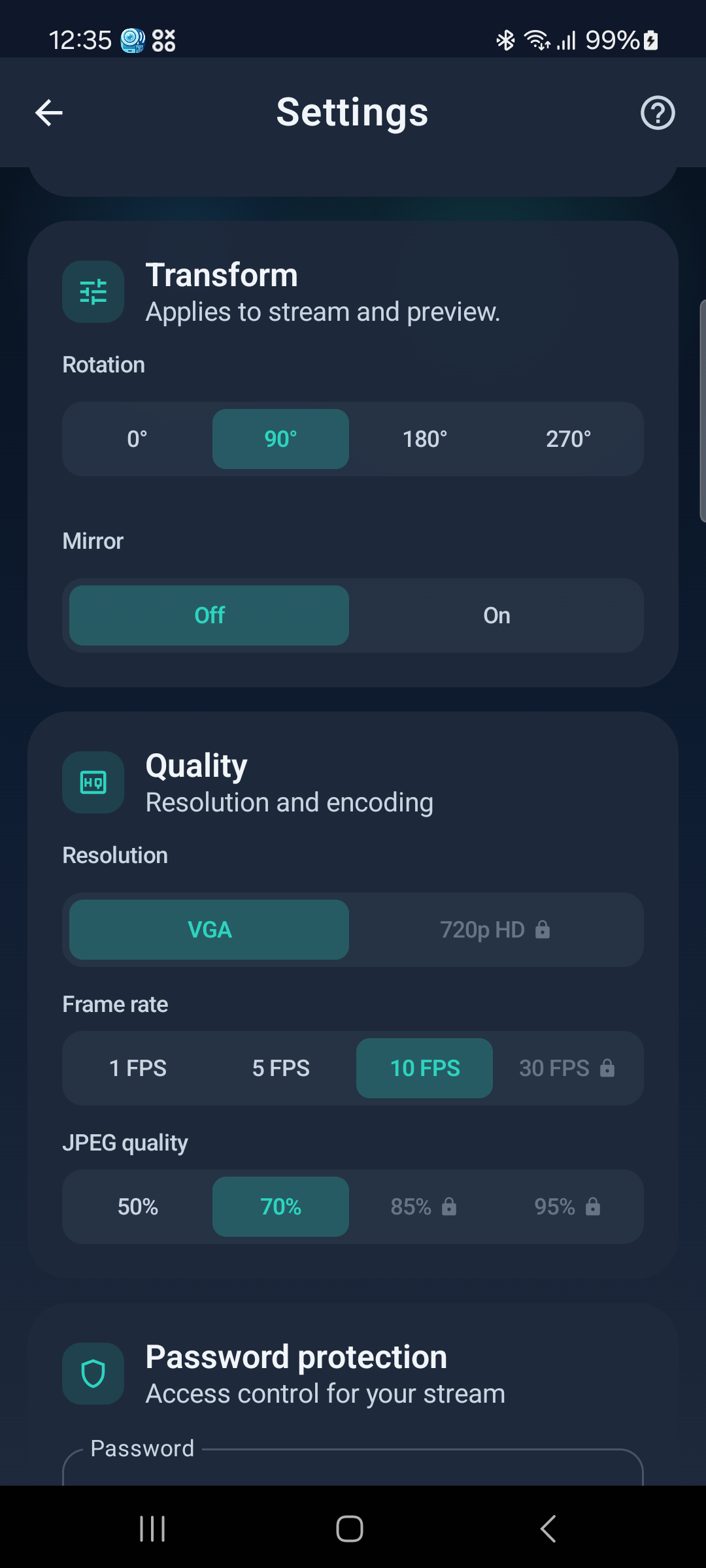 WebCam settings showing FPS, resolution, and quality controls
