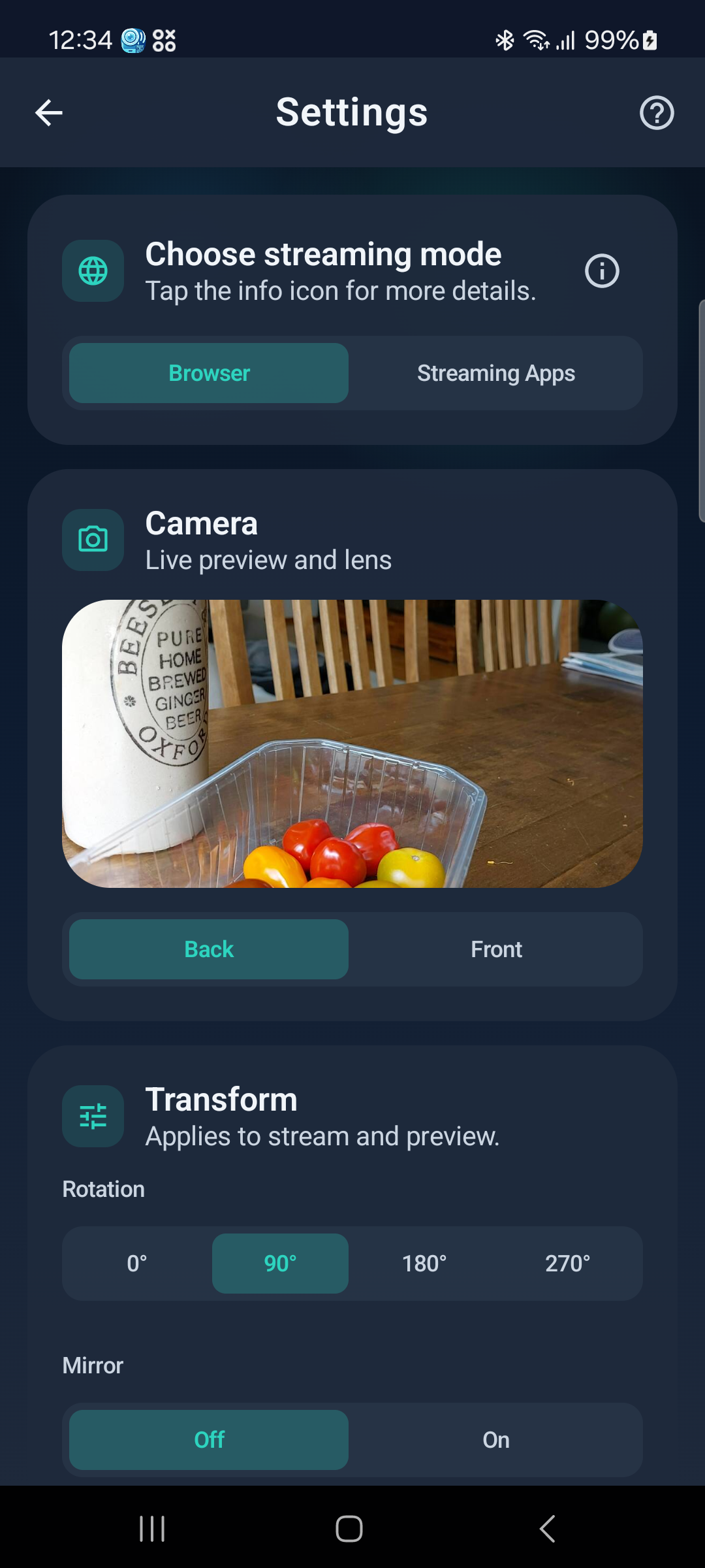 WebCam settings showing stream mode and camera selection